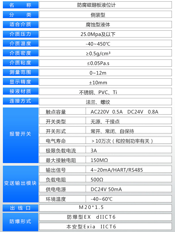 電伴熱磁浮子液位計技術(shù)參數(shù)表