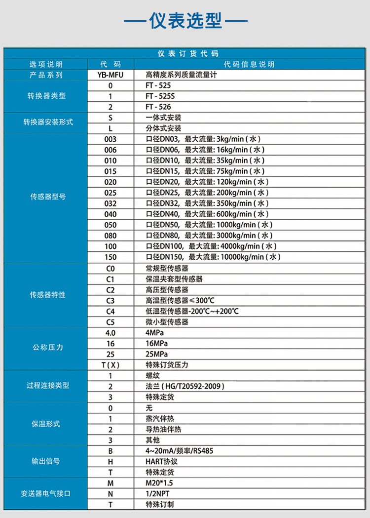 潤(rùn)滑油質(zhì)量流量計(jì)選項(xiàng)表